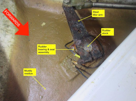 Mud accumulation around rudder bearing assembly